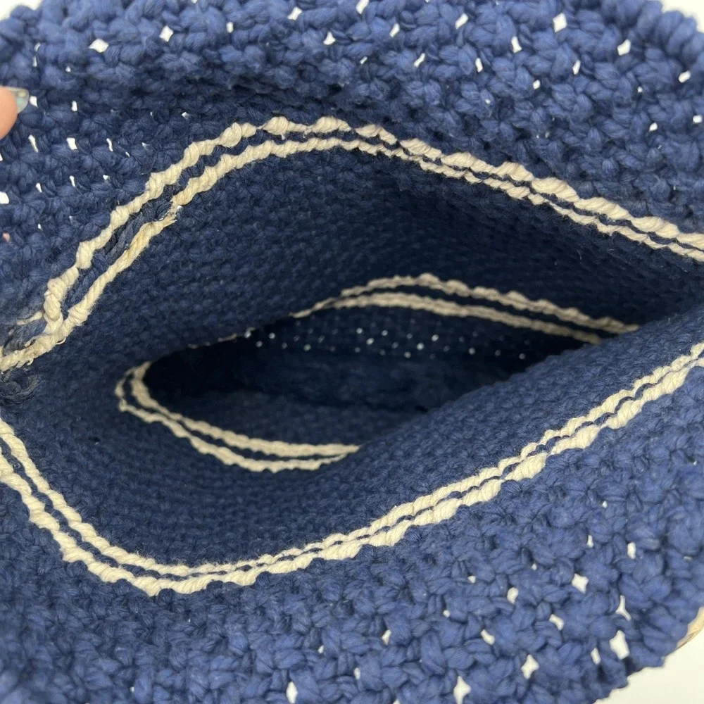 Vintage Handmade 70s Macrame Purse Bag Round Handles Nautical Boho Navy Gold